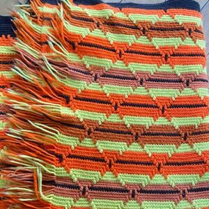 Vintage 1970s hand-crocheted Afghan‎ throw, orange, yellow, brown Cottage Core